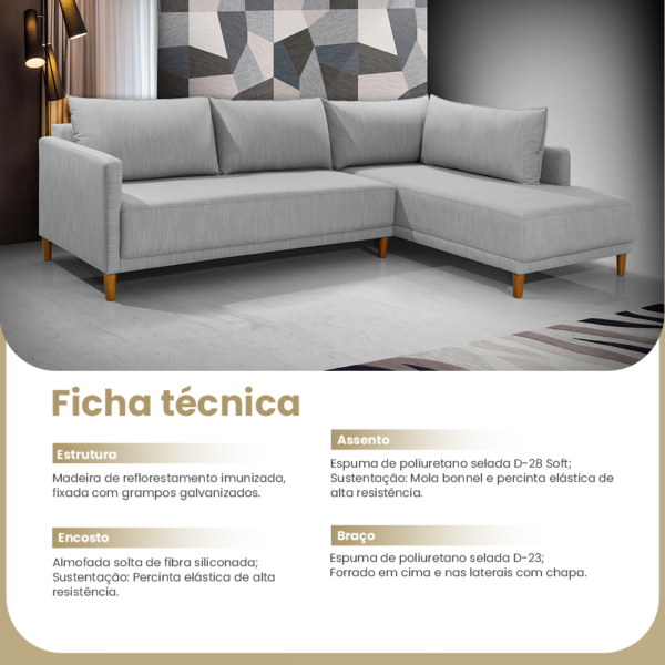 Sofá Com Chaise Direito Larimar Linho Cinza Redenobre - Image 6