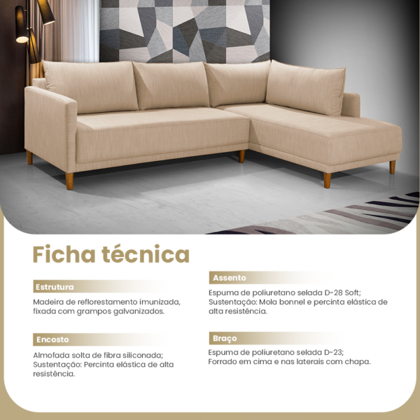Sofá Com Chaise Direito Larimar Linho Bege Redenobre - Image 6