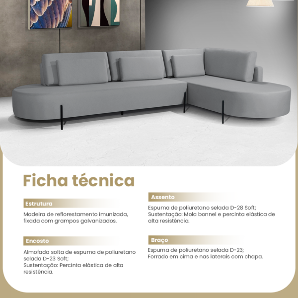 Sofá Com Chaise Direito Austrália Linho Cinza Redenobre - Image 6