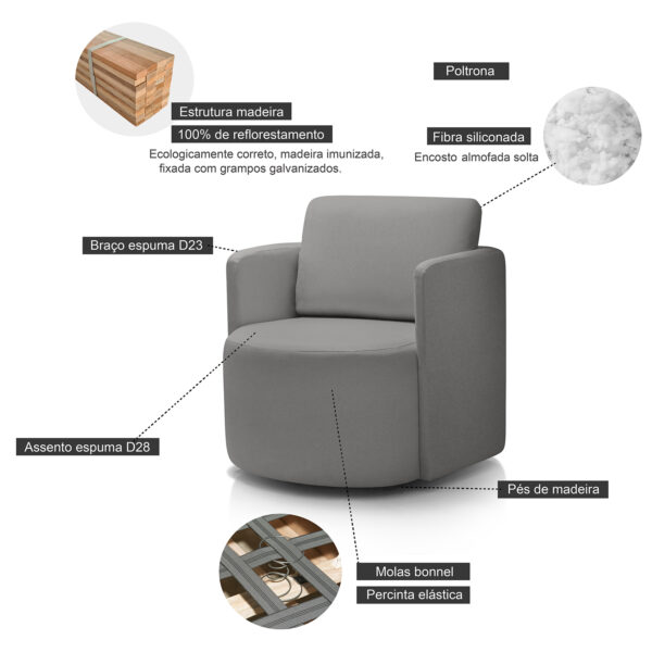 Poltrona para Sala de Estar Dakota Decorativa Pés Madeira Cinza Escuro Redenobre - Image 4