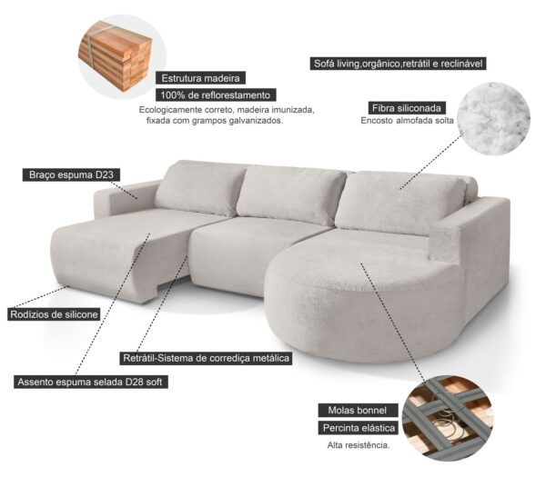 Sofá Orgânico Encantus 3 lugares Para Sala 2,92 cm Bege Redenobre - Image 6